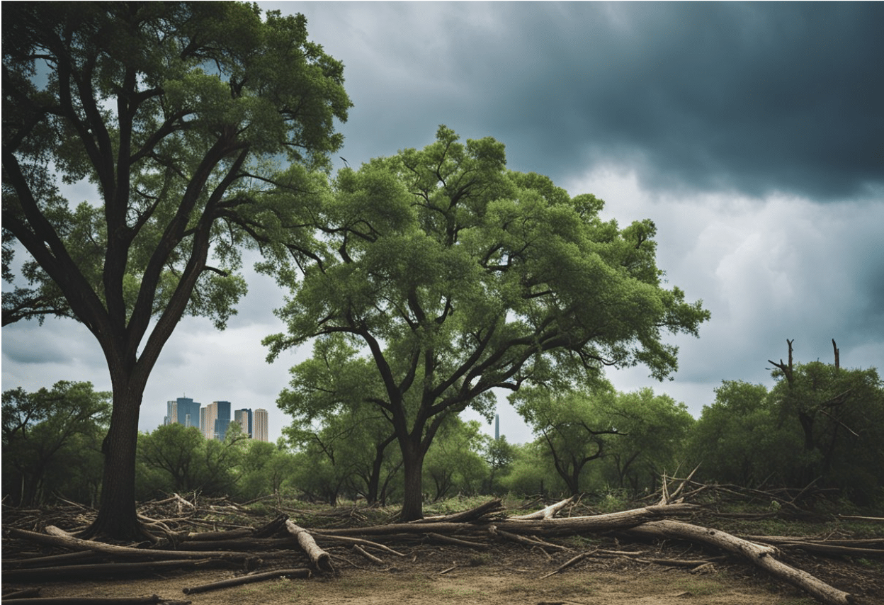 A storm-damaged landscape with fallen trees and branches, set against the Dallas skyline. Highlights the need for professional storm damage recovery services in Dallas.
